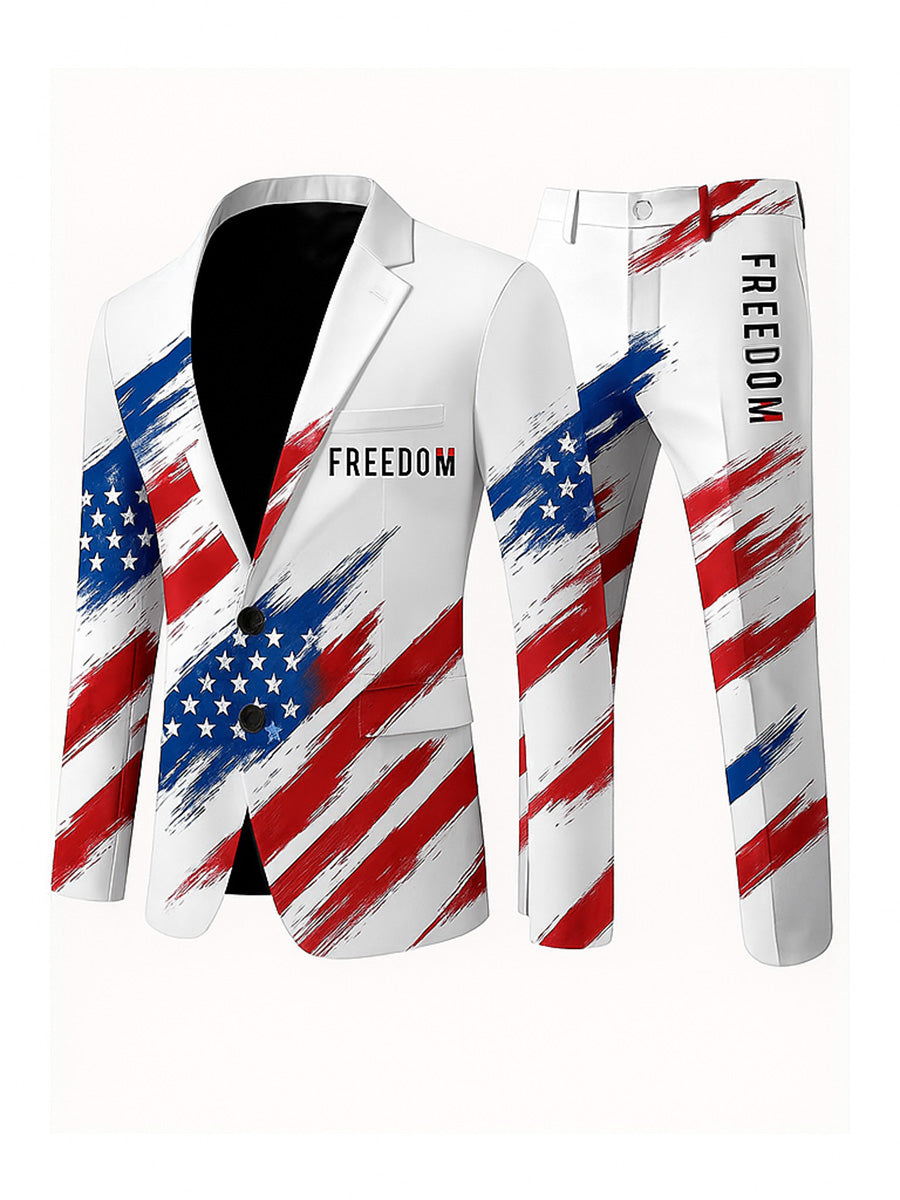 Men's Freedom American Flag Print Casual Jacket Trousers Two-Piece Suits